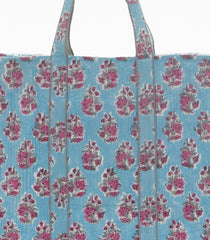 Light Blue Bagru Printed Handmade Cotton Quilted Tote Bag-ACS1028