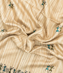 Beige Printed Tussar Silk Saree With Cyan Tribal Motifs & Contrast Border-TU3777