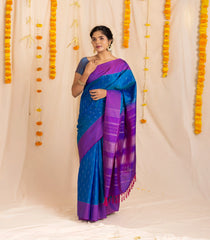 Blue Handloom Soft Silk Saree With Raindrop Buttas & Purple Border-KA13981