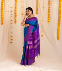 Blue Handloom Soft Silk Saree With Raindrop Buttas & Purple Border-KA13981