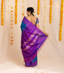 Blue Handloom Soft Silk Saree With Raindrop Buttas & Purple Border-KA13981