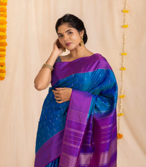 Blue Handloom Soft Silk Saree With Raindrop Buttas & Purple Border-KA13981