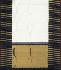 White Handloom Korvai Kanchipuram Silk Saree With Stripes & Black Border-KA13119