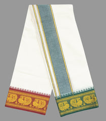 Cream 9 x 5 Cotton Dhoti with Crimson And Green Animal Border-CD1501