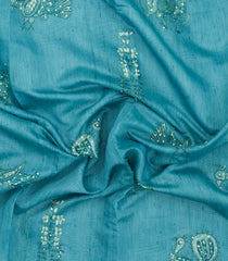 Turquoise Printed Art Dupion Saree With Floral Motifs-BL6145