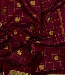 Maroon Handloom Kanchipuram 9 Yards Silk Saree With Zari Checks-KA15415
