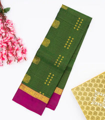 Dark Green Silk Saree With Zari Checks & Annam Buttas