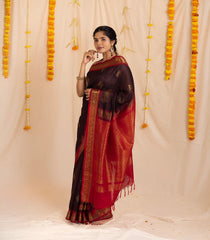 Maroon Handloom Silk Cotton Saree With Kolam Buttas & Contrast Border-SC3882