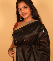 Black Woven Art Tussar Silk Saree With Jasmine Bud Motifs-BL3923