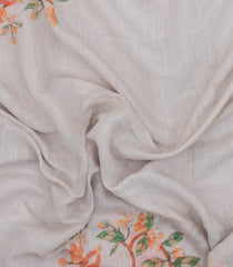 Off White Printed Synthetic Linen Saree With Bird Motifs-SY0171