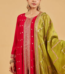 Bright Red Anarkali Set With Lime Green Dupatta