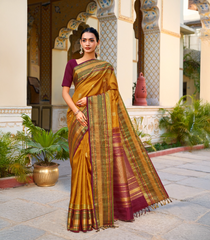 Mango Yellow Handloom Korvai Kanchipuram Silk Saree With Zari Checks & Buttas-KA13916