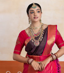 Dark Brown Handloom Korvai Kanchipuram 9 Yards Silk Saree With Contrast Border-KA15966