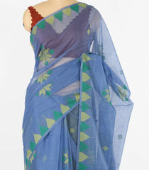 Blue Woven Synthetic Tussar Saree With Floral Motifs & Temple Border-BL4535