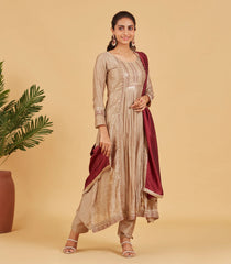 Taupe Kurta Set With Contrast Wine Dupatta