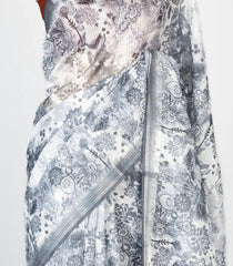 Off White Woven Synthetic Jute Saree With Printed Floral Motifs-BL4174