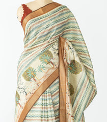 Cream Woven Synthetic Dupion Saree With Stripes & Printed Motifs-BL4409