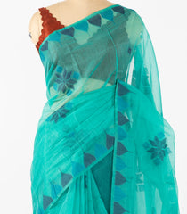 Cyan Woven Synthetic Tussar Saree With Printed Floral Motifs-BL4484