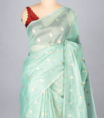 Turquoise Woven Synthetic Supernet Saree With Floral Motifs-BL4239