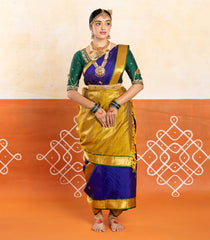 Blue Handloom Kanchipuram 9 Yards Silk Saree With Buttas & Contrast Border-KA13407