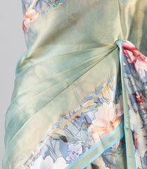 Aquamarine Woven Art Tussar Saree With Printed Floral Motifs-BL3946