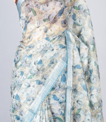 Grey Woven Synthetic Jute Saree With Printed Floral Motifs-BL4172