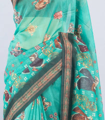 Cyan Woven Synthetic Chanderi Cotton Saree With Printed Dancing Motifs-BL4176