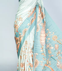 Steel Blue Woven Art Tussar Silk Saree With Printed Kalamkari Motifs-BL3881