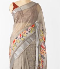 Grey Woven Synthetic Linen Saree With Printed Bird Motifs-BL4405