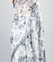 Off White Woven Synthetic Jute Saree With Printed Floral Motifs-BL4173