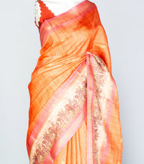 Peach Woven Art Tussar Silk Saree With Checks & Floral Motifs-BL3911