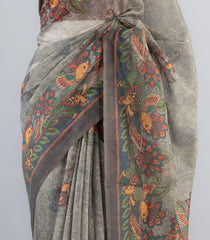 Dark Grey Woven Art Chanderi Saree With Printed Bird Motifs-BL3943
