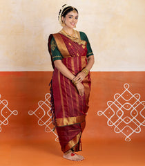 Maroon Handloom Kanchipuram 9 Yards Silk Saree With Zari Checks-KA15415