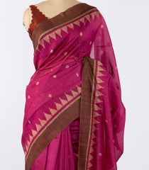 Hot Pink Woven Synthetic Dupion Saree With Floral Motifs & Contrast Border-BL4531