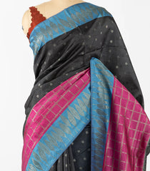 Black Woven Synthetic Dupion Saree With Checks & Floral Motifs-BL4470