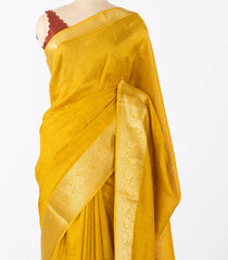 Mustard Woven Synthetic Dola Silk Saree With Floral Motifs In Zari Border-BL4432