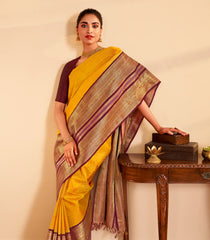 Yellow Handloom Korvai Kanchipuram Silk Saree With Veldhari Stripes-KA15527
