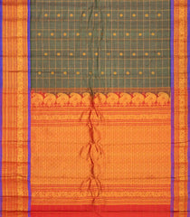 Dark Olive Handloom Gadwal Silk Cotton Saree With Checks & Buttas-GA0215