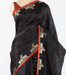 Black Woven Synthetic Dola Saree With Floral & Deer Motifs-BL4495