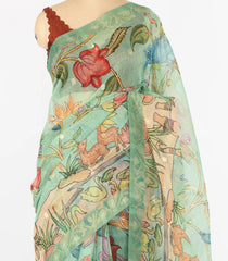 Aquamarine Woven Art Chanderi Saree With Printed Pichwai Motifs-BL4527