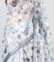 Off White Woven Synthetic Jute Saree With Printed Floral Motifs-BL4169