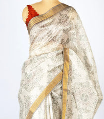 Off White Woven Synthetic Jute Saree With Printed Floral Motifs-BL4175