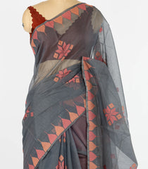 Grey Woven Synthetic Tussar Saree With Floral Motifs & Temple Border-BL4534