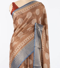 Brown Woven Synthetic Dola Silk Saree With Stripes & Printed Motifs-BL4466