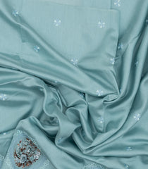 Turquoise Woven Art Tussar Saree With Printed & Embroidered Floral Motifs-BL4721