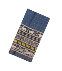 Dark Grey Printed Tussar Silk Saree With Kalamkari Motifs-TU3594