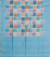Light Blue Printed Synthetic Dupion Saree With Checks & Contrast Border-BL6047