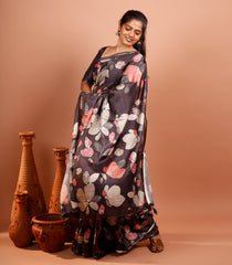 Black Printed Synthetic Tussar Silk Saree With Floral Motifs & Zari Border-SY0495