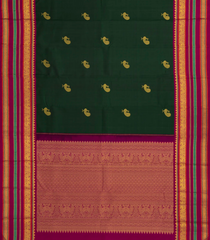Bottle Green Handloom Korvai Kanchipuram Silk Saree With Magenta Border-KA14030