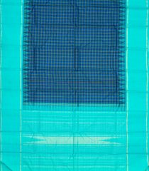 Blue Handloom Kanchipuram Silk Saree With Checks & Temple Border-KA12504